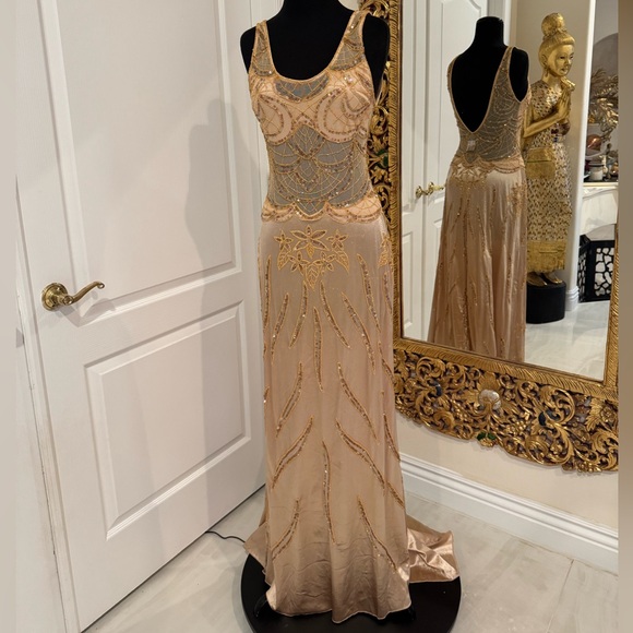 Elegant Gold hand beaded Attitudes by Debra Evening Gown